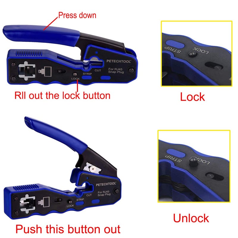 PETECHTOOL RJ45 Crimp Tool Kit Ethernet Crimping Tool Wire Crimper Stripper Cutter for Cat5e Cat6 Cat6a Pass Thrugh Connectors with 10 pieces Cat6 Connectors and 1 piece mini wire stripper - Image 4